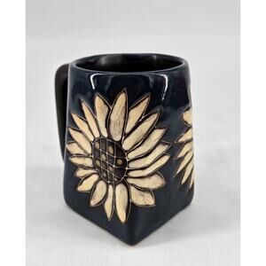 Sunflower Art Mara Mexico Handmade Stoneware Squared Coffee Mug 12oz Blue Brown